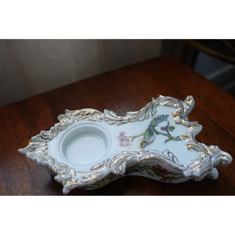 Antique Porcelain Victorian Inkwell white‎  gold accents colorful